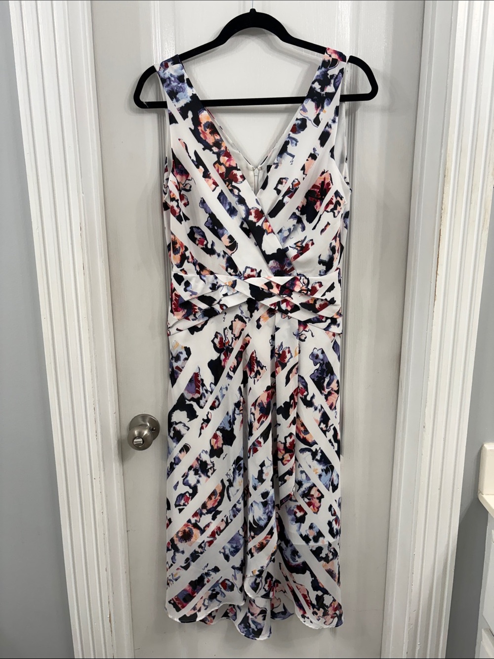 White House Black Market White Midi Dress with Navy and Pink Floral Print
